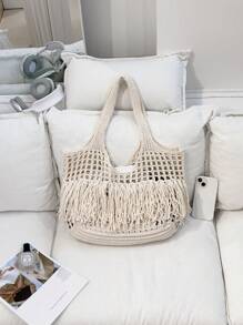 ENBEI Large Capacity Hollow Handmade Woven Tote Bag, Perfect For Women's Holiday Outfits, Hollow Crochet Bag, Large Capacity Shopping Bag, Minimalist Tassel Design, Outdoor Travel Portable Handbag, Beach Bag, Holiday Essential, Suitable For Teenagers, Female Students, Female Teachers, College Students, Mother's Day Gift - Beige - View 11