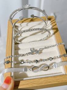 6pcs Y2K Style Superb Sparkling Fashion Elegant Vintage Design Love, Butterfly, Infinity, Star Rhinestone Blingbling Open Cuff Bracelet Set, Great Gift For Holiday, Party, Date, Everyday Wear, Anniversary