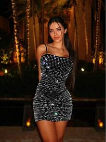 Shiny Rhinestone Decor Sexy Spaghetti Strap Dress, Fashionable Gala Party Evening Gown For Ladies - Black - View 6