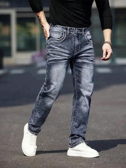 Jeans masculino retrô clássico bordado elástico denim