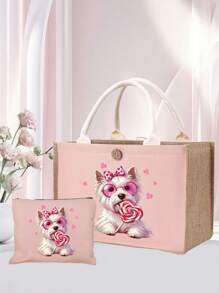 Bolso de lino con bloque de color + Bolsa pequeña con correa de mano, bolsa de almacenamiento, cartera, estampado lindo de perro, la primera opción de regalo para amantes de los perros, bolsa de compras de lino simple, bolsa reutilizable para compras de comestibles y bolsa de maquillaje, cartera, bolsa de regalo para vacaciones