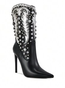 RevReaL Glamorous Rhinestone-Embellished Stiletto Boots - Black - View 2