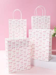 4pcs Pink Bow Paper Gift Bags, Party Favor Bags Handle Bags, Wedding Gifts Bag, Birthday Gifts Bags, Paper Wrap Bags Portable Tote Retail Shopping Bags, Party Gift Bags Packaging Supplies Packaging Bags, Birthday Party Gifts Favor