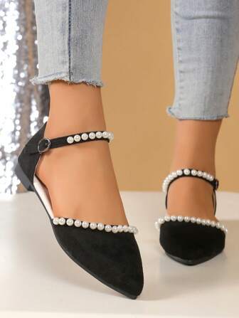 2025 时尚仿珍珠带凉鞋，百搭休闲平底尖头一脚蹬女鞋，春夏秋季