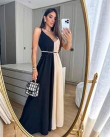 Vestido Duna Bicolor Longo Forrado