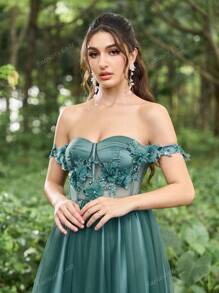 Faeriesty Vestido de noche de línea A con hombros descubiertos y aplicaciones florales intrincadas, vestidos formales elegantes para galas de alfombra roja, bodas de etiqueta negra