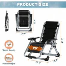 Zero Gravity Chair,Premium Outdoor Lawn Folding Lounge Chairs,Sturdy Adjustable Reclining Patio Chairs With Removable Cushion,Headrest & Tray - A Dark Black - View 3