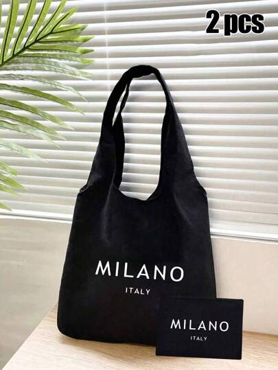 Milan Letter Theme Minimalist Tote Bag, Suitable For Travel, "Milan Italy" Letter Design, Cosmetic Bag, Portable Shopping Bag, Multi-Functional Storage Bag, Teacher's Day Gift, Suitable For Women's Cosmetics Storage, College Dorm Cosmetics Storage, Women's Travel Gift Bag, Back To School Teacher's Gift, Gift For Sisters, Best Teacher's Day Gift, Birthday Gift, Anniversary Gift, Graduation Gift