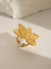 1 件 18K 镀金不锈钢几何花卉开口戒指，时尚简约欧美风格，适合女性日常和派对佩戴 - 金色 - 查看 12