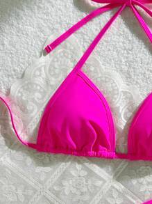 Nuevo bikini de color liso sexy, traje de baño sin espalda - Rosa Fucsia - Ver 5