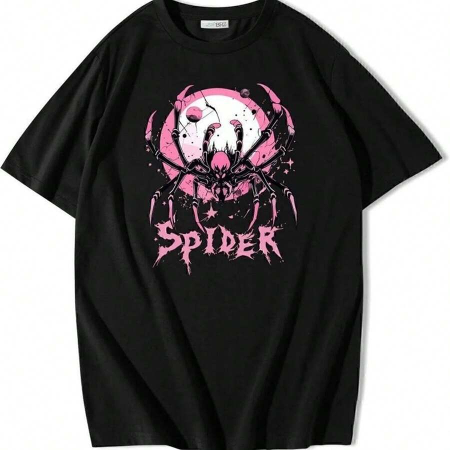 Pink Spider Print  T-Shirt  Casual & Stylish  Soft Suprem Fabric  Trendy Street Style  Comfortable Everyday Wear - Black - View 1