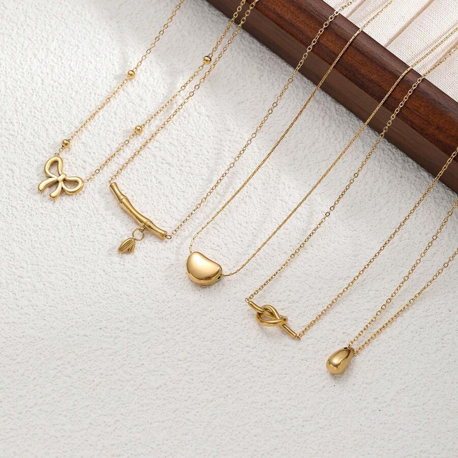 1pc 18K Plated Stainless Steel Minimalist Fashion Bamboo Knot Heart Necklace, Suitable For Women Party, Date, Office Wear