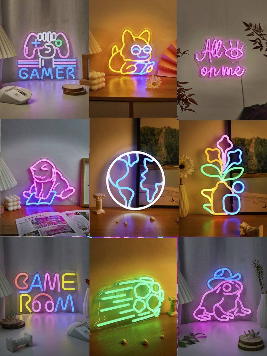 Chi-Buy 可爱 LED 霓虹灯蘑菇 & 一起跳舞 & 男士空间 & 哈哈 & 游戏室 & 游戏结束 & 蜜蜂和青蛙霓虹灯壁灯，字母夜灯，USB 供电，适用于生日派对、圣诞节、情人节、婚礼装饰 - 彩色 - 查看 1