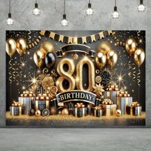 1 件优雅的 80 岁生日派对涤纶横幅，金色和黑色主题，配有气球、星星和香槟色图案，适合照片背景、户外庆祝、家居和花园装饰 - 1件 - 查看 1