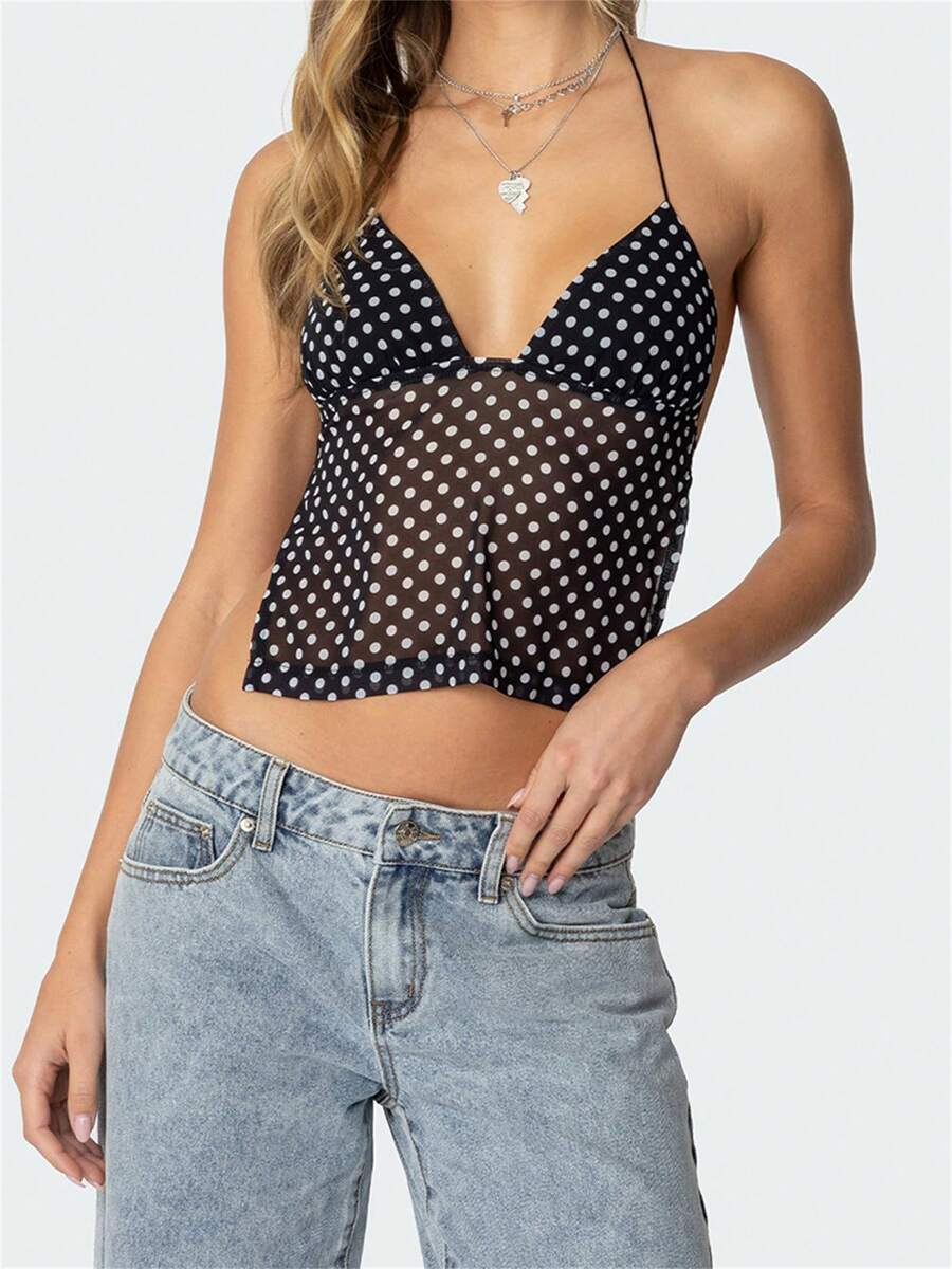 Women's Halter Neck Cami Tops Sleeveless Open Back V Neck Slim Fit Dot Print Tank Tops - Black - View 1