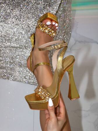 女士高跟防水台透明迷人派对高跟凉鞋，配金色水钻装饰，适合外出