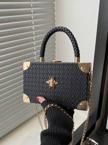 1 件新款压纹压花编织黑色手提包，时尚金属角硬壳盒形包，百搭链条单肩斜挎包，适合女士携带手机和日常使用