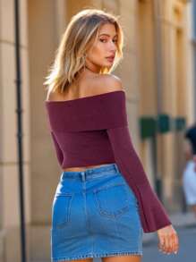 LeLayla - Maglione crop monocolore da donna realizzato in Italia. Maglione corto lavorato a maglia con spalle scoperte, super elastico con spalle aperte, carino e sexy, casual perfetto per outfit da lavoro, ufficio, college, università, scuola, cena, uscita notturna, appuntamento, San Valentino - rosso ruggine - Visualizzare 4
