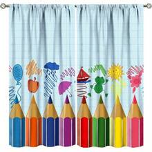 2 Panel 28"X40" Vibrant Cartoon Pencil And Crayon Blackout Curtains - Colorful Art Print, Noise-Reducing Polyester, Rod Pocket Design, Machine Washable For Living Room, Bedroom, Study, Living Room Curtains|Cartoon Style Curtains|Easy Hang Curtains, Curtains For Living Room - 28x40吋-2件 - 查看 2