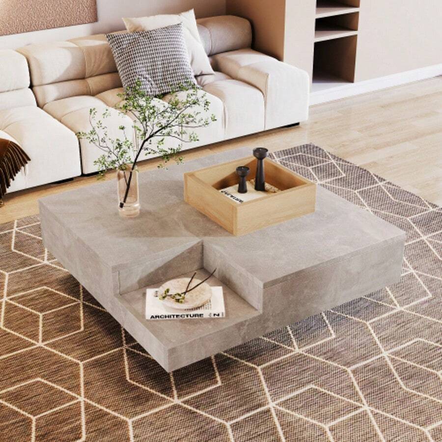 Coffee Table, Side Table, Modern Square Coffee Table For Living Room With Removable Storage Box, Concrete Gray And Wood Color, 72 X 72 X 30cm - White - View 1