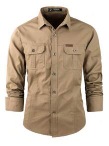 Men's Long Sleeve Military Shirt With Buttons - Khaki - View 1