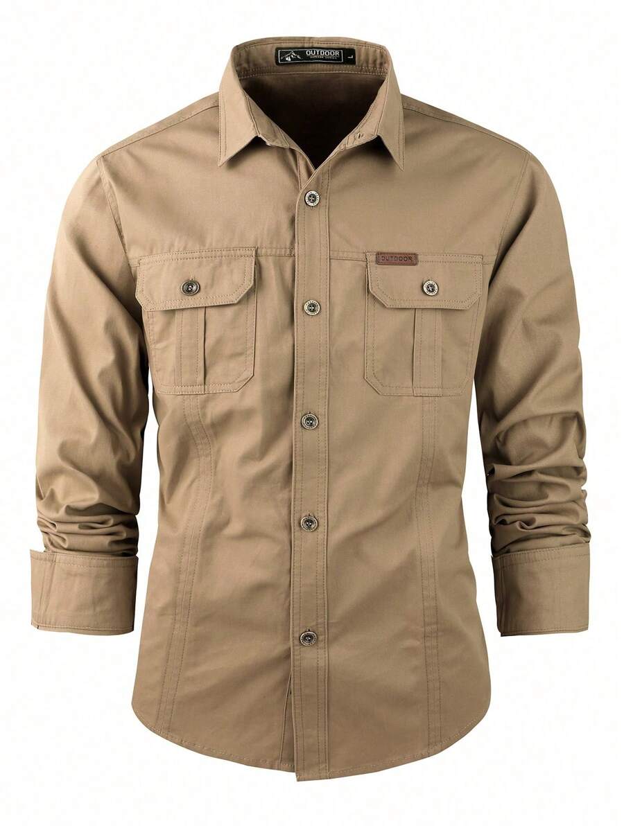 Men's Long Sleeve Military Shirt With Buttons - Khaki - View 1