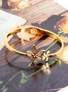 1pc Gold Color Bracelets For Women Teen Girls Rhinestone Orchid Flower Stainless Steel Cuff Bangle Female Daily Party Jewelry Gifts Valentines,Mom,Mother,Mother's Day,Gift