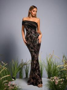 Mgiacy New ArrivalOne Shoulder Elegant Evening Gown Dress Ruched Sequin Mermaid Long Dress - Black - View 2