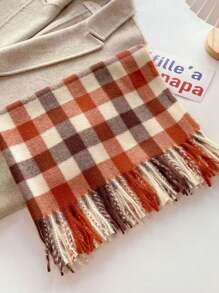 1 pièce Écharpe à franges style japonais à carreaux vert frais