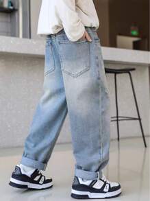 Jeans décontractés et déchirés pour garçons, jeans en denim délavé pour jeunes et adolescents, pantalon à jambes fuselées relaxantes