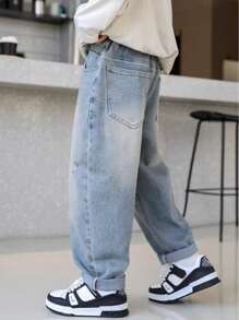 Jeans décontractés et déchirés pour garçons, jeans en denim délavé pour jeunes et adolescents, pantalon à jambes fuselées relaxantes