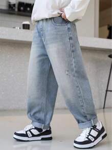 Jeans décontractés et déchirés pour garçons, jeans en denim délavé pour jeunes et adolescents, pantalon à jambes fuselées relaxantes
