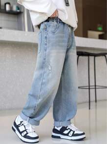 Jeans décontractés et déchirés pour garçons, jeans en denim délavé pour jeunes et adolescents, pantalon à jambes fuselées relaxantes
