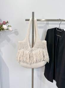 ENBEI Large Capacity Hollow Handmade Woven Tote Bag, Perfect For Women's Holiday Outfits, Hollow Crochet Bag, Large Capacity Shopping Bag, Minimalist Tassel Design, Outdoor Travel Portable Handbag, Beach Bag, Holiday Essential, Suitable For Teenagers, Female Students, Female Teachers, College Students, Mother's Day Gift - Beige - View 10