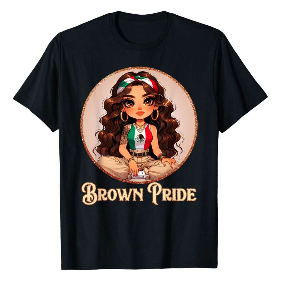 Brown Pride Chicana Chola Chibi Hispanic Heritage Month T-Shirt Graphic Tees Short Sleeve Casual Women T Shirts Unisex 100% Cotton Tee Shirt Womens Summer Tops Funny Print Women's T-Shirts Soft Comfy Everyday Wear Daily Gift Woman Tshirt Black - 黑色 - 查看 1