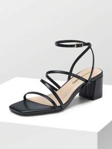 Womens Block Heels Thin Strap Square Open Toe Dressy Chunky Low Heeled Sandals For Party Wedding Evening - 黑色 - 查看 1