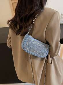全新时尚百搭牛仔水钻装饰方形斜挎包带链条肩带女士日常通勤单肩包节日礼物 - 藍色 - 查看 3