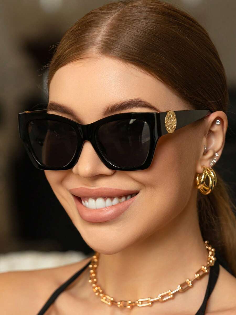 复古方形大框男女通用塑料太阳镜，经典款式，适合户外、旅行、海滩、休闲装、驾驶、防紫外线、时尚遮阳优雅装扮家庭出游旅行度假，适合夏季海滩度假、户外、旅行 - 黑色 - 查看 1