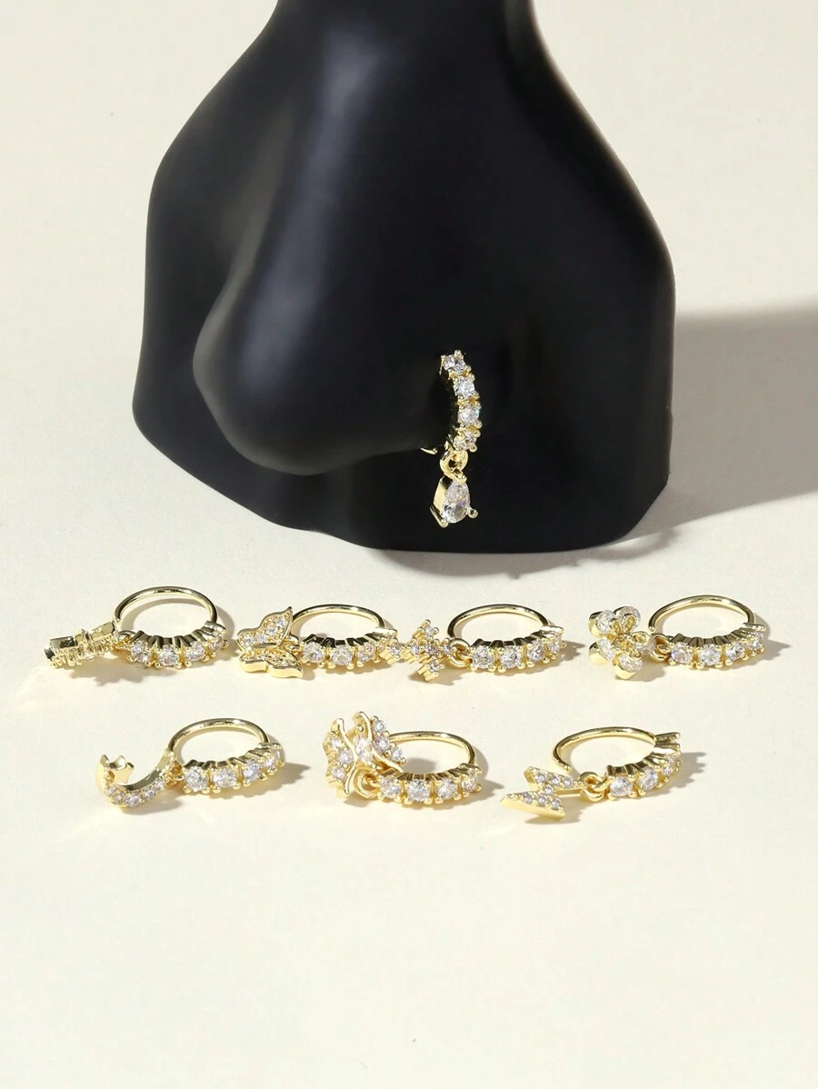 8 件/套 吊坠鼻环 蝴蝶心形月亮花朵星星 CZ 软骨耳环 吊坠鼻部身体穿孔首饰 20G