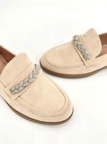 REVREAL Chic Rhinestone Embellished Loafers - Beige - View 3