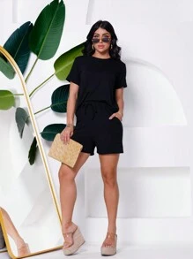 Women's Set In Fleece Fabric Comprising Shorts And Short Sleeve Cropped Top - 黑色 - 查看 1