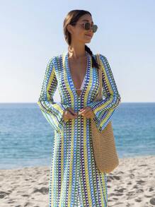 popvil Deep V Neck Weaven Long Sleeves Cover-Up - Multicolor - View 1