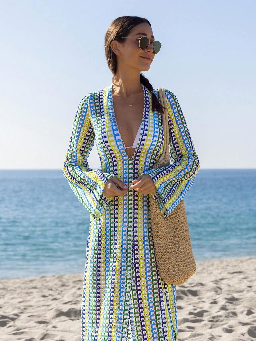 popvil Deep V Neck Weaven Long Sleeves Cover-Up - Multicolor - View 1