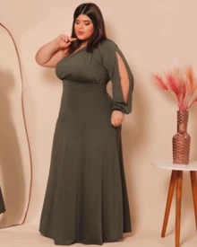 Vestido Plus Size Festa Madrinha Casamento Formatura 48 50 52 - Verde Oliva Escuro - Visão 2