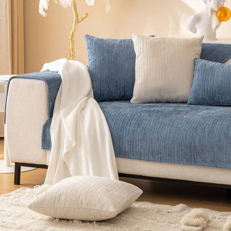 Soft Chenille Sofa Couch Cover Mat Striped Weave Textured Sectional Slipcovers With Non-Slip Back Anti Scratch Pet Couch Protector Sofa Armrest Cover Backrest Cover Seat Cover Machine Washable 1 Piece For Living Room Home Decoration - Blue - View 7
