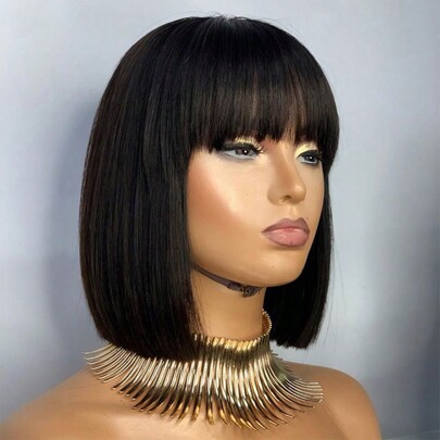 Straight Short Bob Human Hair Wigs With Bangs Brazilian Remy Hair Black Full Machine Made Glueless Wigs With Fringe 150% Density Wigs For Women Human Hair