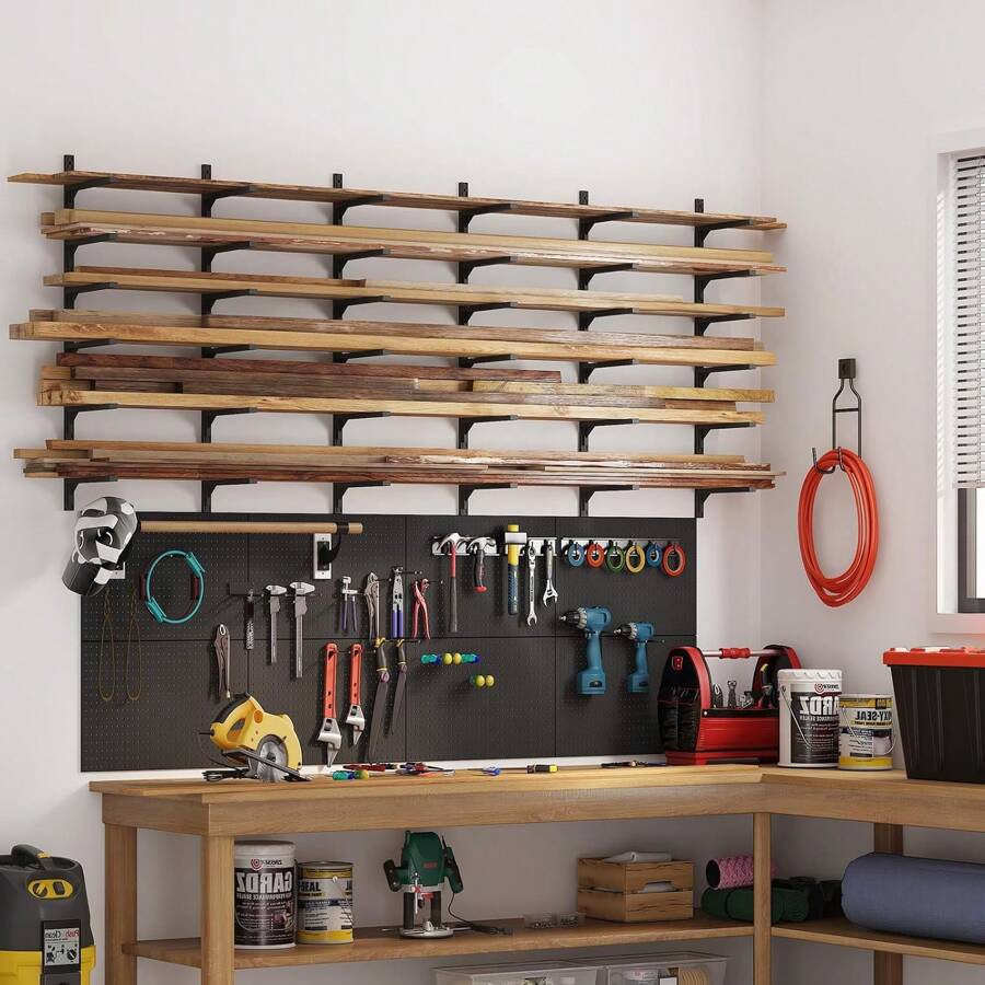 Organizador de madera con estantería de metal - Estantería metálica para almacenaje de madera de 6 niveles desmontable y organizador de madera ajustable para montar en la pared, para garaje, sótano, cobertizo o taller - Negro - Ver 1