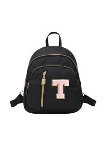 女士尼龙材质时尚背包，粉色毛巾刺绣字母A-Z，多功能时尚设计包，拉链封口，大容量学生多口袋背包，女孩背包，小女孩背包，中小学生背包，适合上学、旅行、送礼、生日礼物、旅行用品 - 黑色 - 查看 21