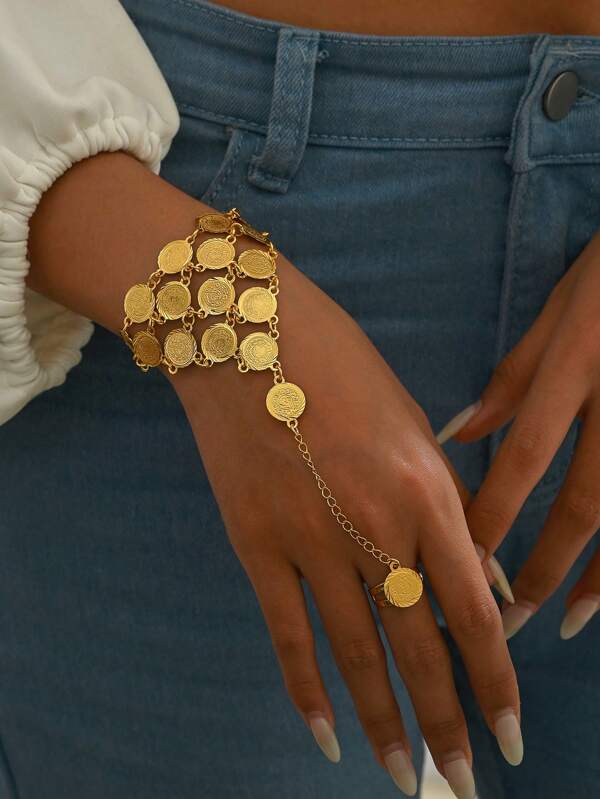 1 pezzo Bracciale vintage e elegante per dita complete, con motivo di monete, adatto per feste ed eventi di gala per donne, stile festival Eid