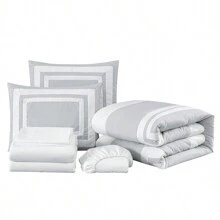 Wyatt 7-Piece Square Pattern Hotel Style Bed In A Bag Comforter Set With Bed Sheets - Silver/White - View 4